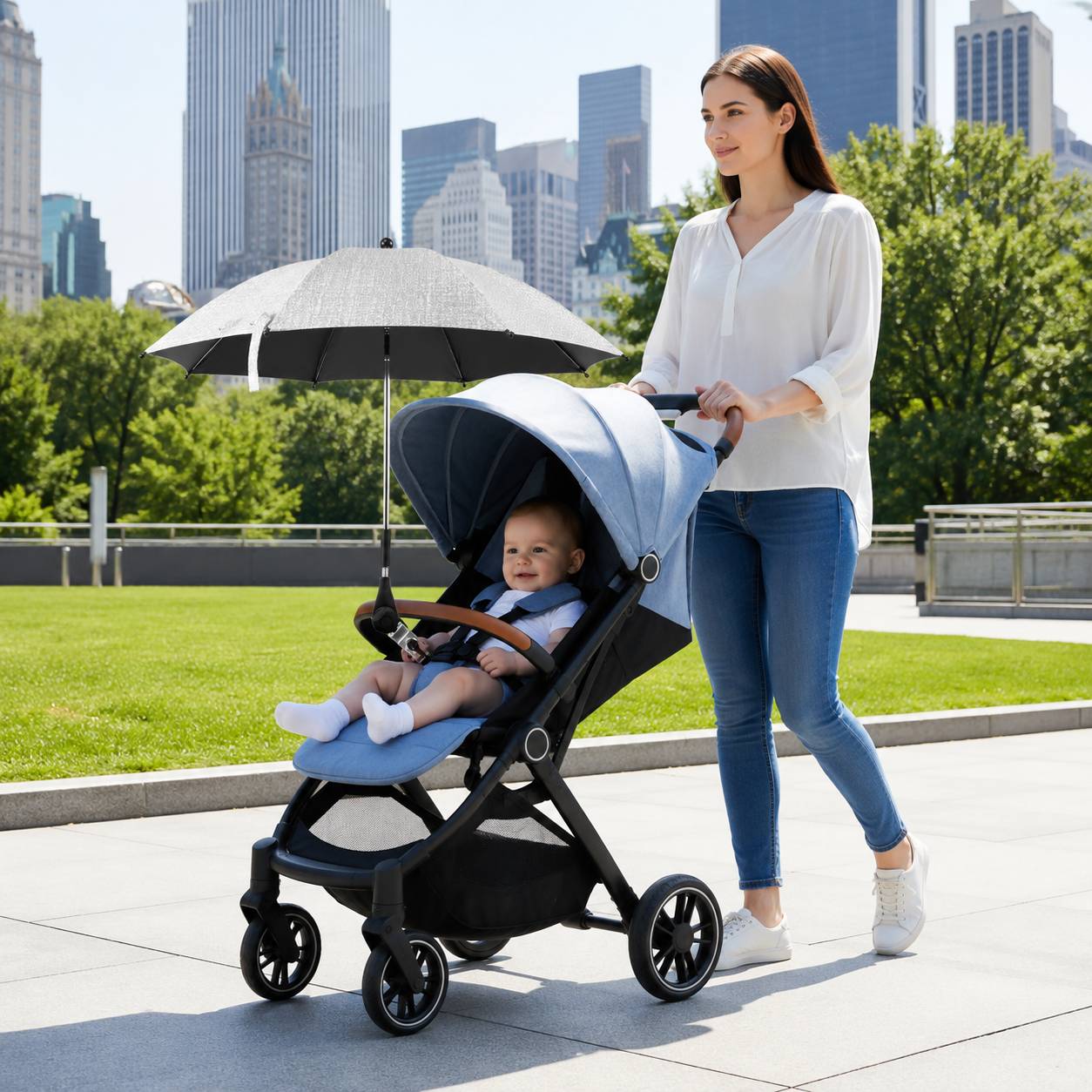 Pare soleil poussette gris anti UV protégeant bébé du soleil lors des sorties
