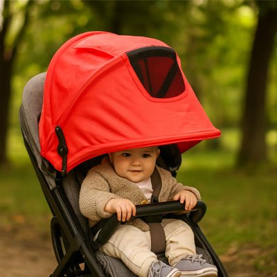 Pare soleil poussette rouge protégeant le visage de bébé lors une balade au parc 