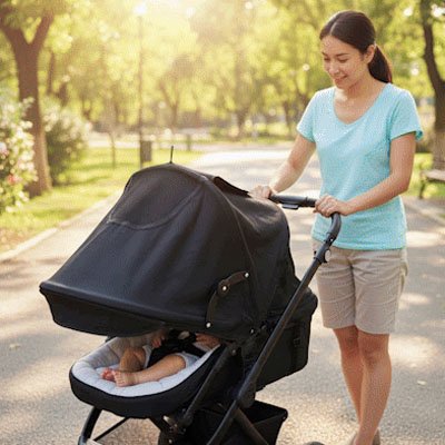 Pare soleil poussette universel protégeant bébé des rayons du soleil lors d'une sortie en famille