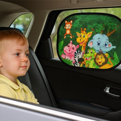 Pare soleil voiture bebe à motif jungle réduisant l'éblouissement et la chaleur pour un bebe confortablement installé en voiture