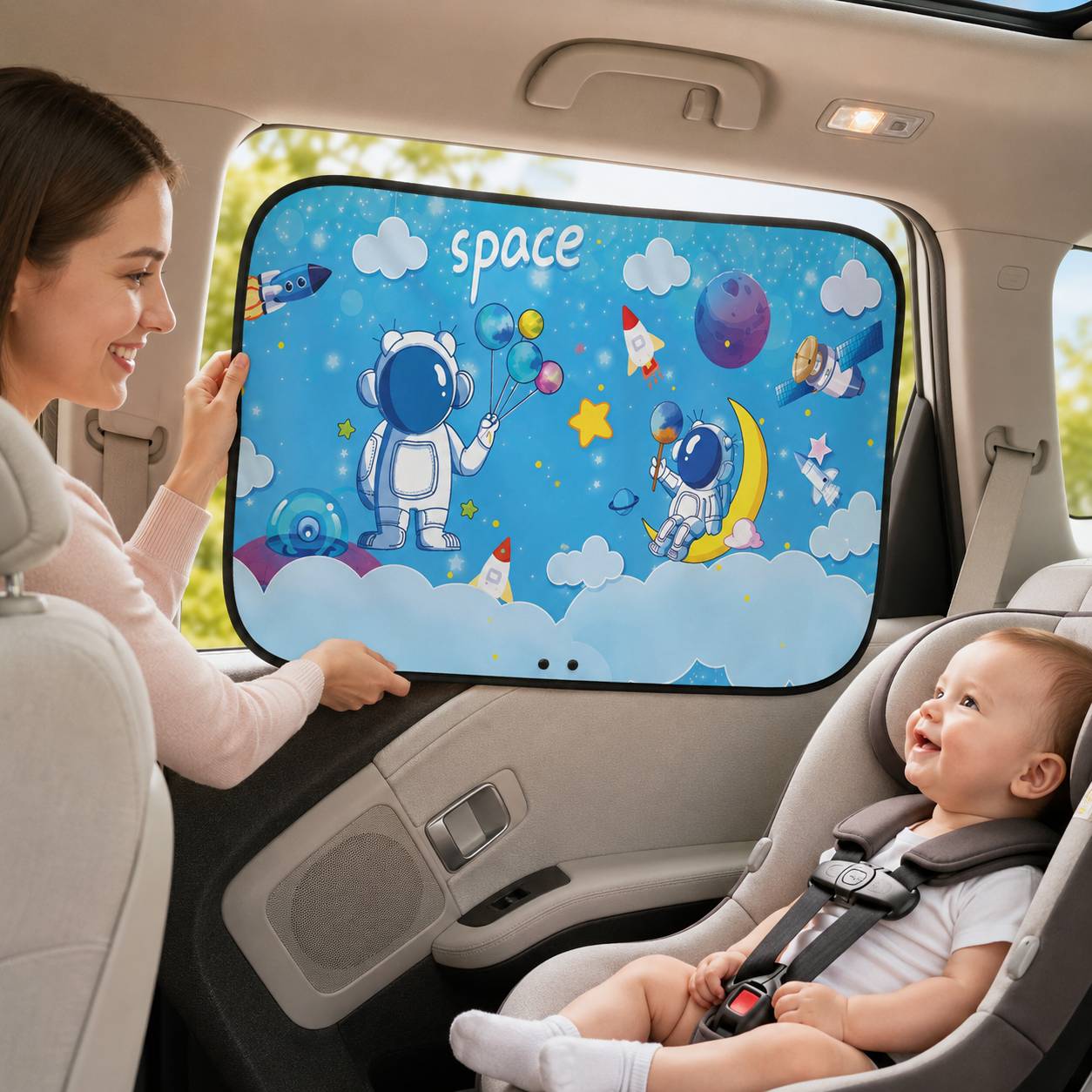 Pare soleil voiture bébé motif mission espace protégeant un bébé des rayons du soleil en voiture