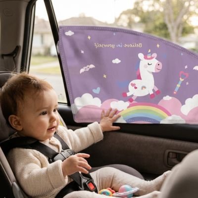 Pare soleil voiture bébé avec motif ludique réduisant les rayons du soleil en déplacements