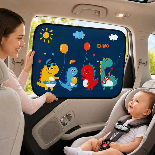 Pare soleil voiture bébé motif dinosaures offrant une protection UV sur la vitre arrière de la voiture