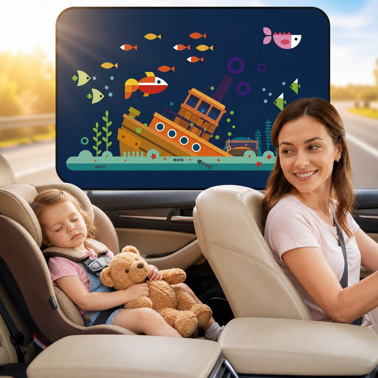 Pare soleil voiture bébé motif Epave installé sur la vitre arrière d'une voiture 