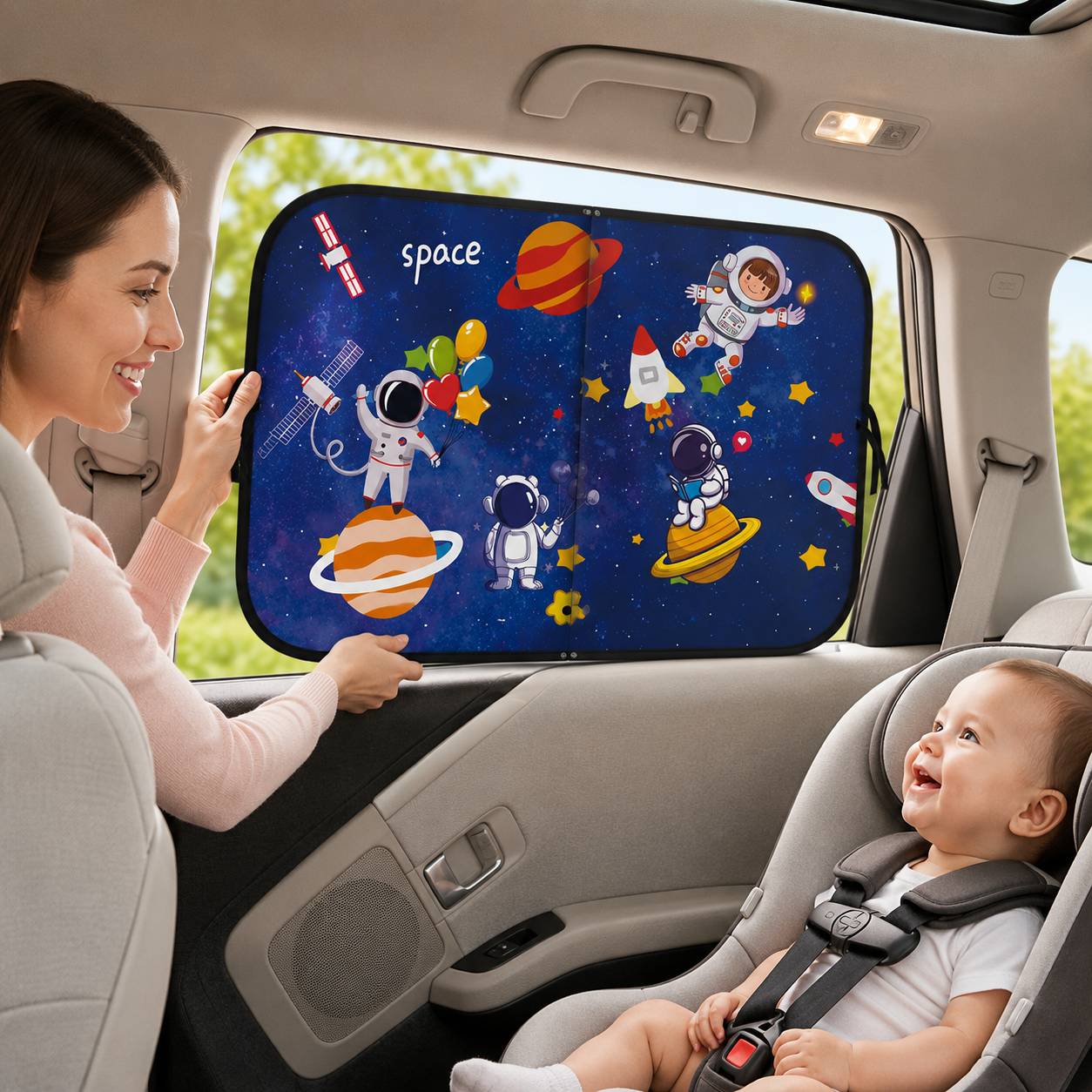 Pare soleil voiture bébé motif mission espace protégeant un bébé des rayons du soleil en voiture