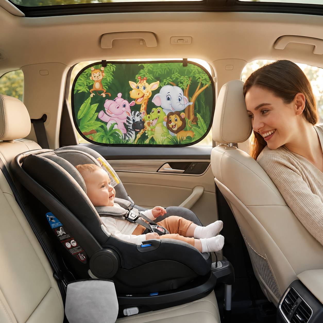Pare soleil voiture bébé motif jungle safari installé sur la vitre arrière pour protéger un enfant en siège auto