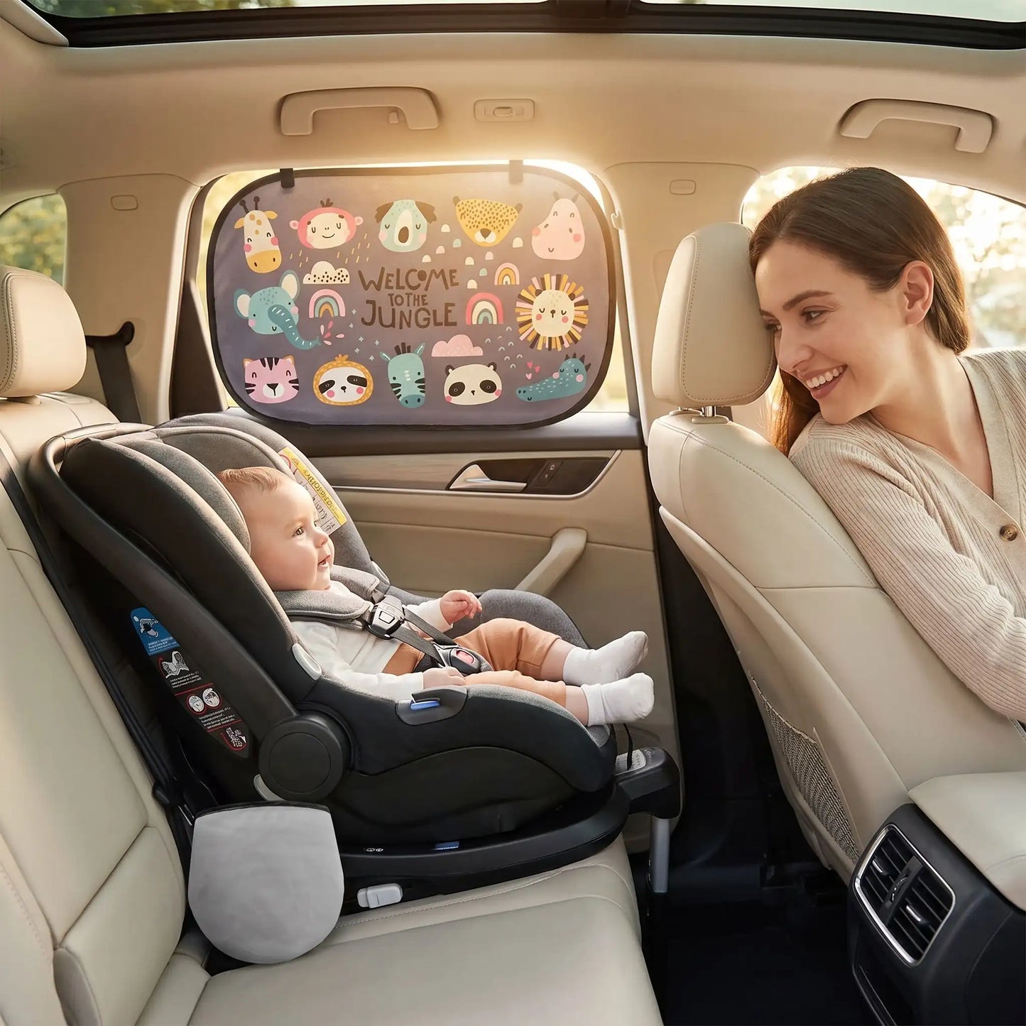 Pare soleil voiture bébé avec illustrations d'animaux de la jungle protégeant un bébé en voiture