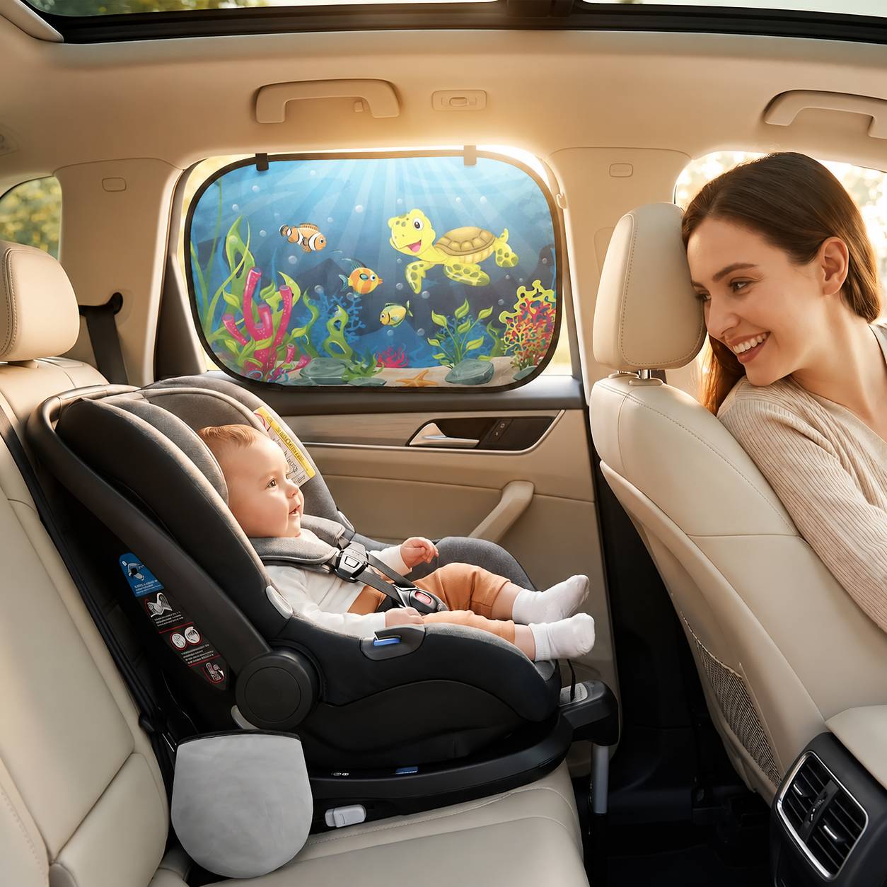 Pare soleil voiture bébé décor marin installé sur une vitre arrière pour protéger bébé des rayons du soleil