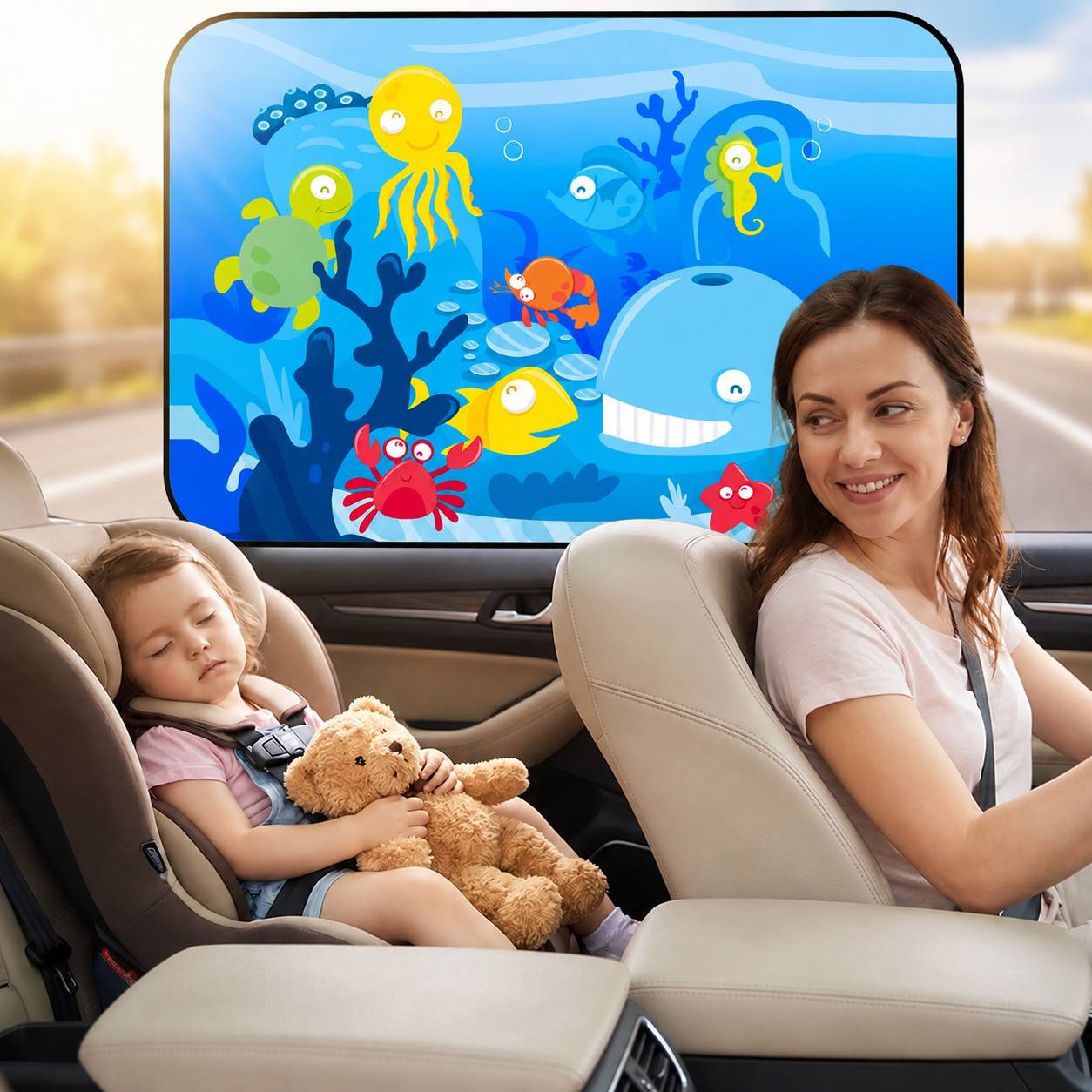 Pare soleil voiture bébé motif Ocean installé sur la vitre arrière d'une voiture 