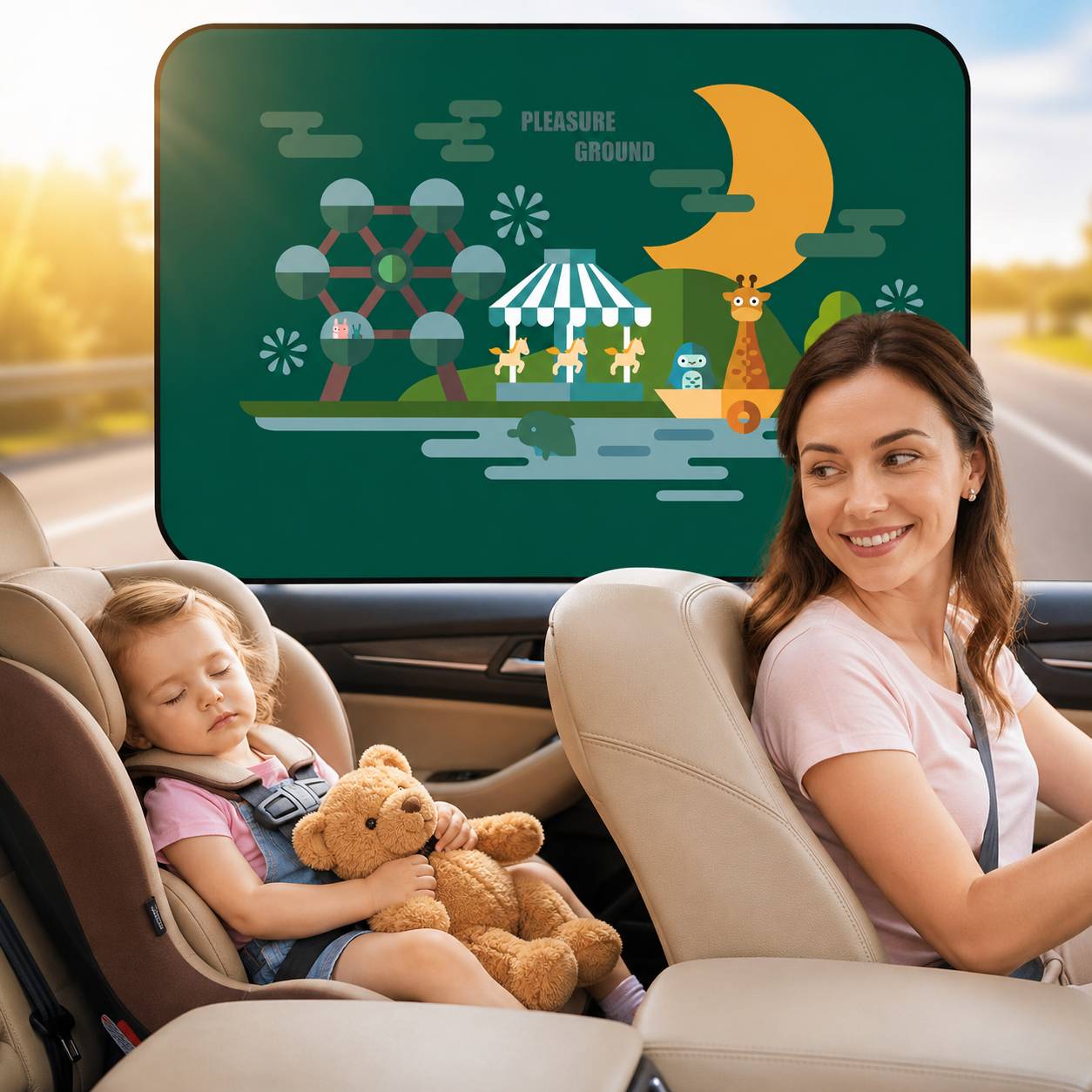 Pare soleil voiture bébé motif Parc installé sur la vitre arrière d'une voiture 