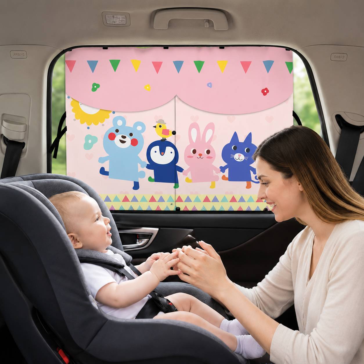 Pare soleil voiture bébé rideau variante animaux roses avec ours, lapin, pingouin et chat pour protéger bébé du soleil