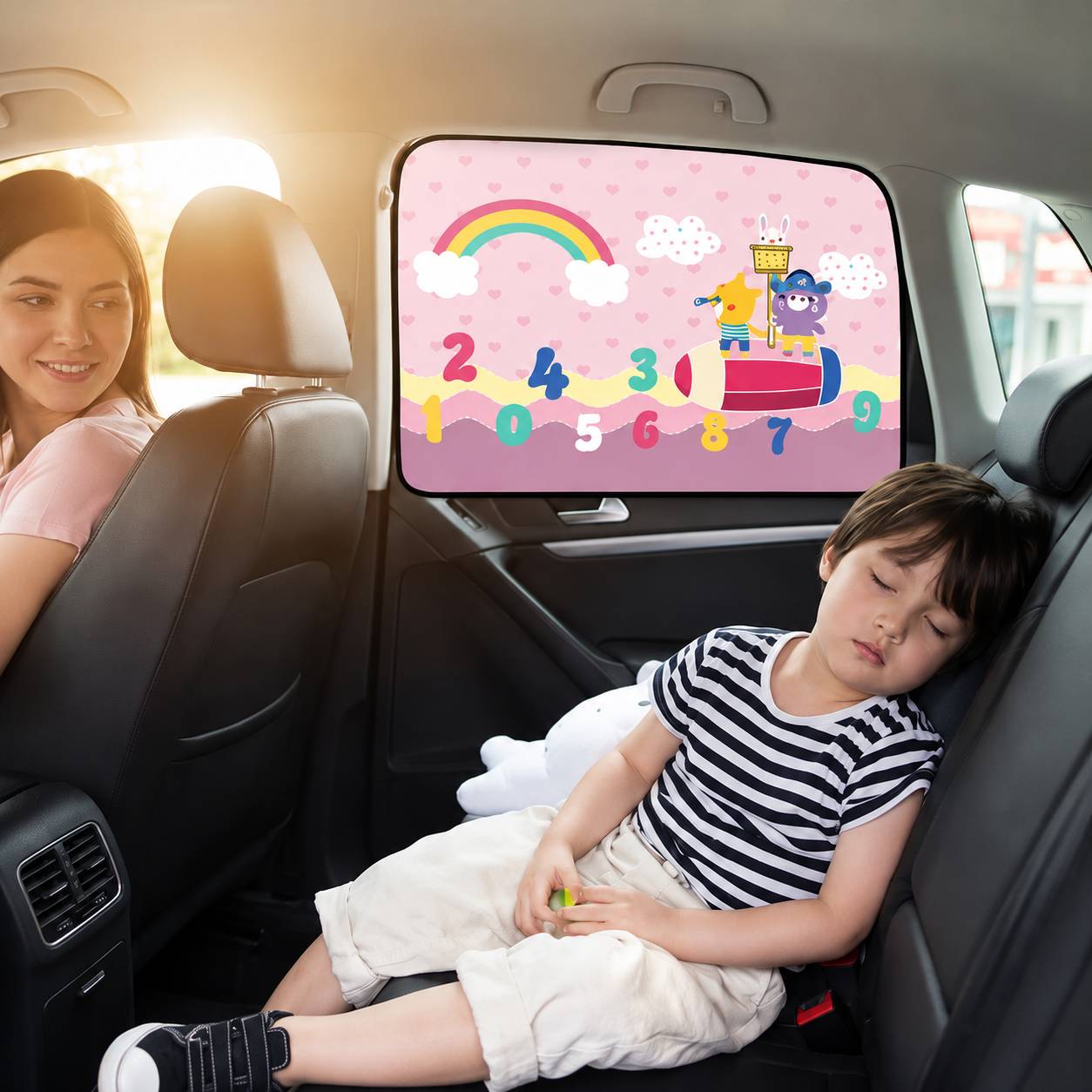 Pare soleil voiture bébé rideau motif arc-en-ciel coloré offrant une excellente protection solaire 