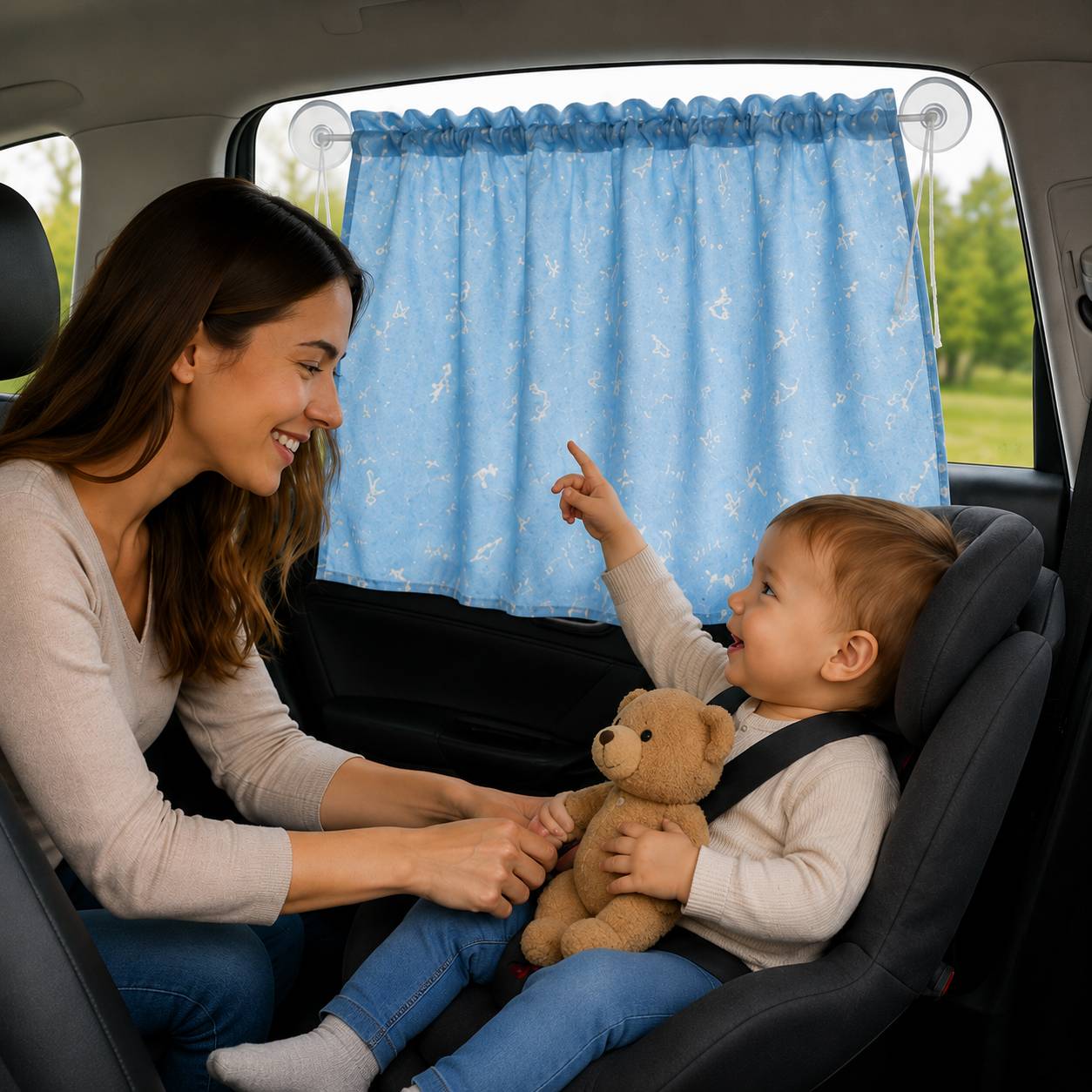 Pare soleil voiture bébé rideau bleu ciel avec motifs discrets, bébé admirant les illustrations pendant le trajet