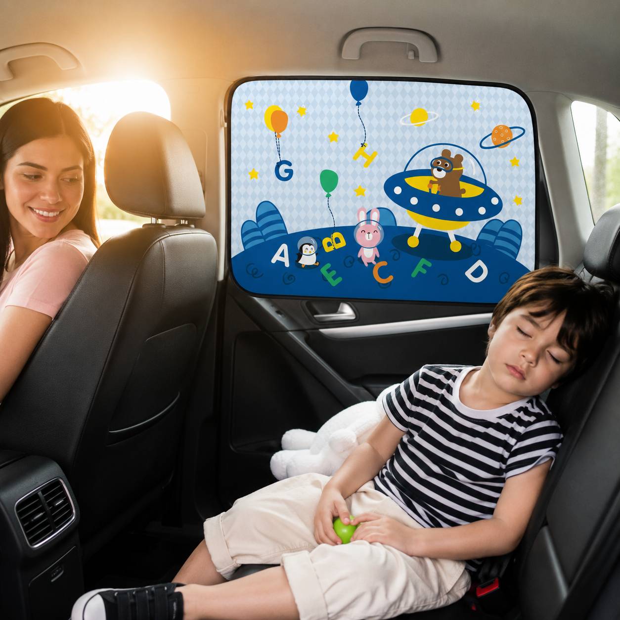 Pare soleil voiture bébé rideau motif espace bleu avec animaux et lettres