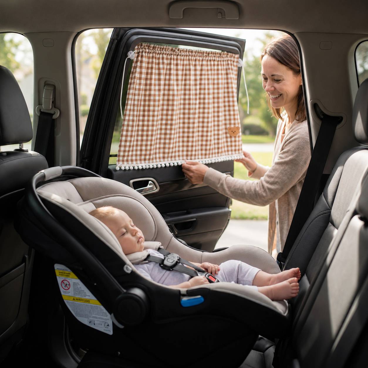 Pare soleil voiture bébé rideau marron en maille installé sur la vitre arrière pour protéger bébé 