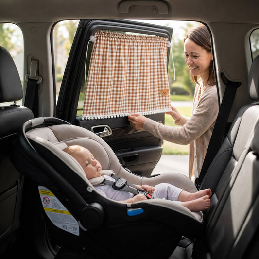 Pare soleil voiture bébé rideau marron en maille installé sur la vitre arrière pour protéger bébé 
