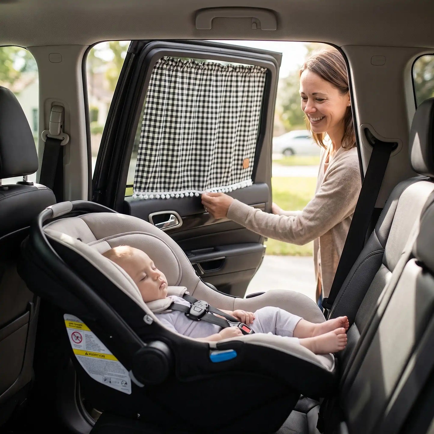 Pare soleil voiture bébé rideau noir en maille installé sur la vitre arrière pour protéger bébé 