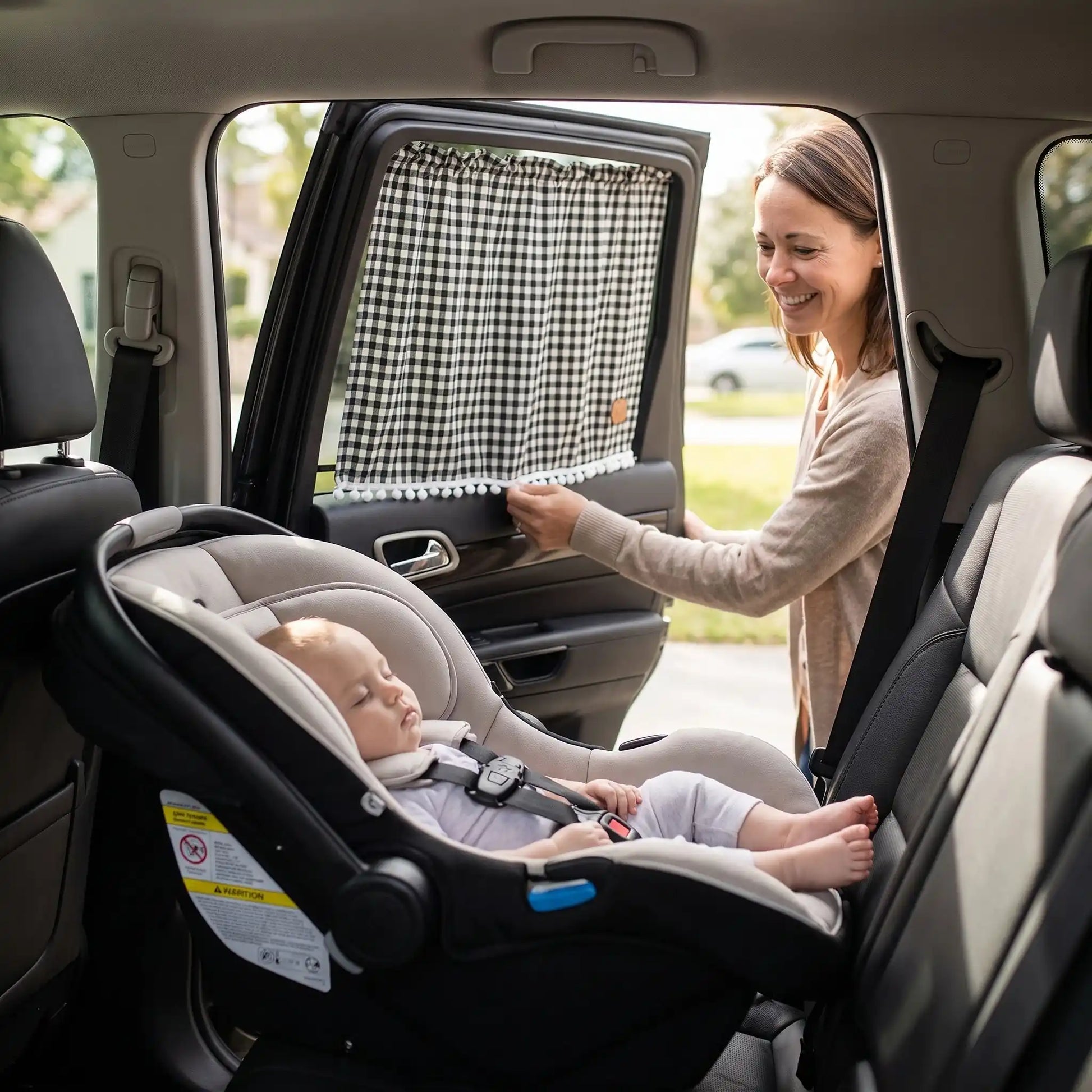 Pare soleil voiture bébé rideau noir en maille installé sur la vitre arrière pour protéger bébé 