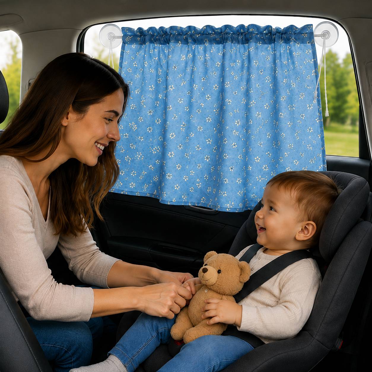 Pare soleil voiture bébé rideau à fleurs bleues apportant confort et protection solaire à bébé en voiture