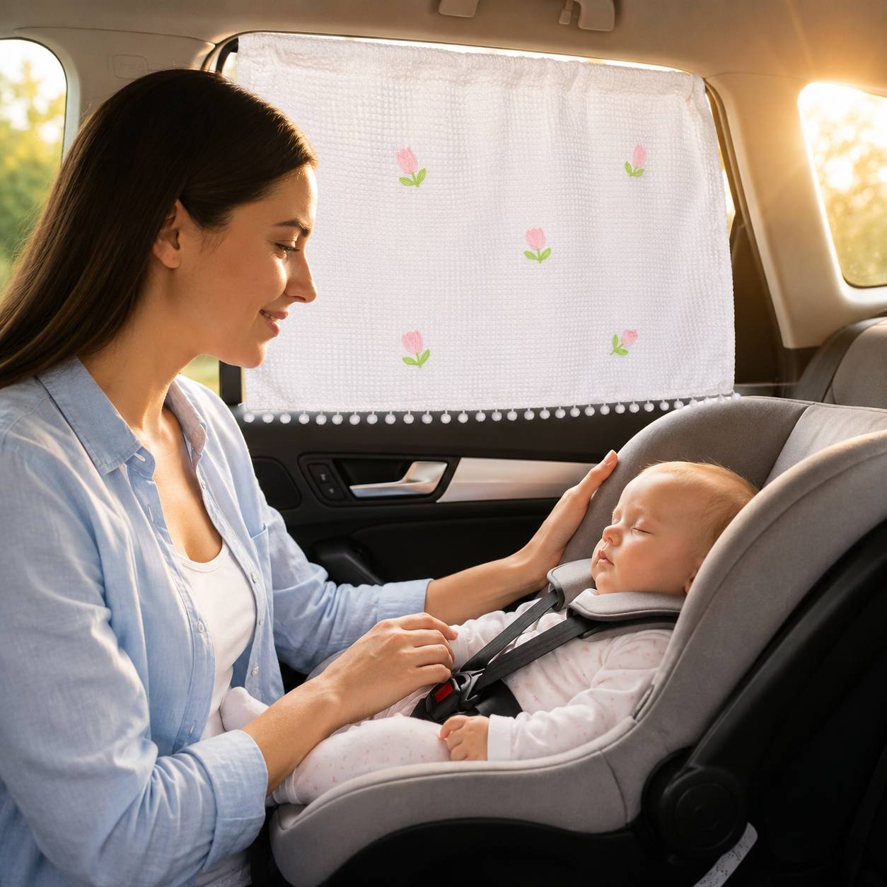 Pare soleil voiture bébé rideau motif fleurs roses protégeant bébé de la chaleur et des UV
