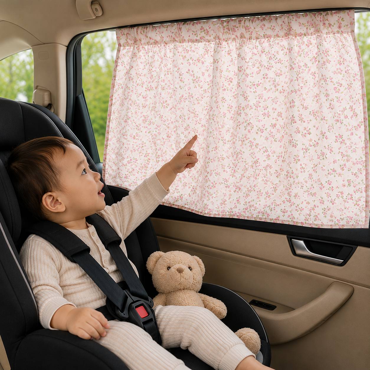 Pare soleil voiture bébé rideau motif Fleurs Roses observé avec curiosité par un enfant dans la voiture
