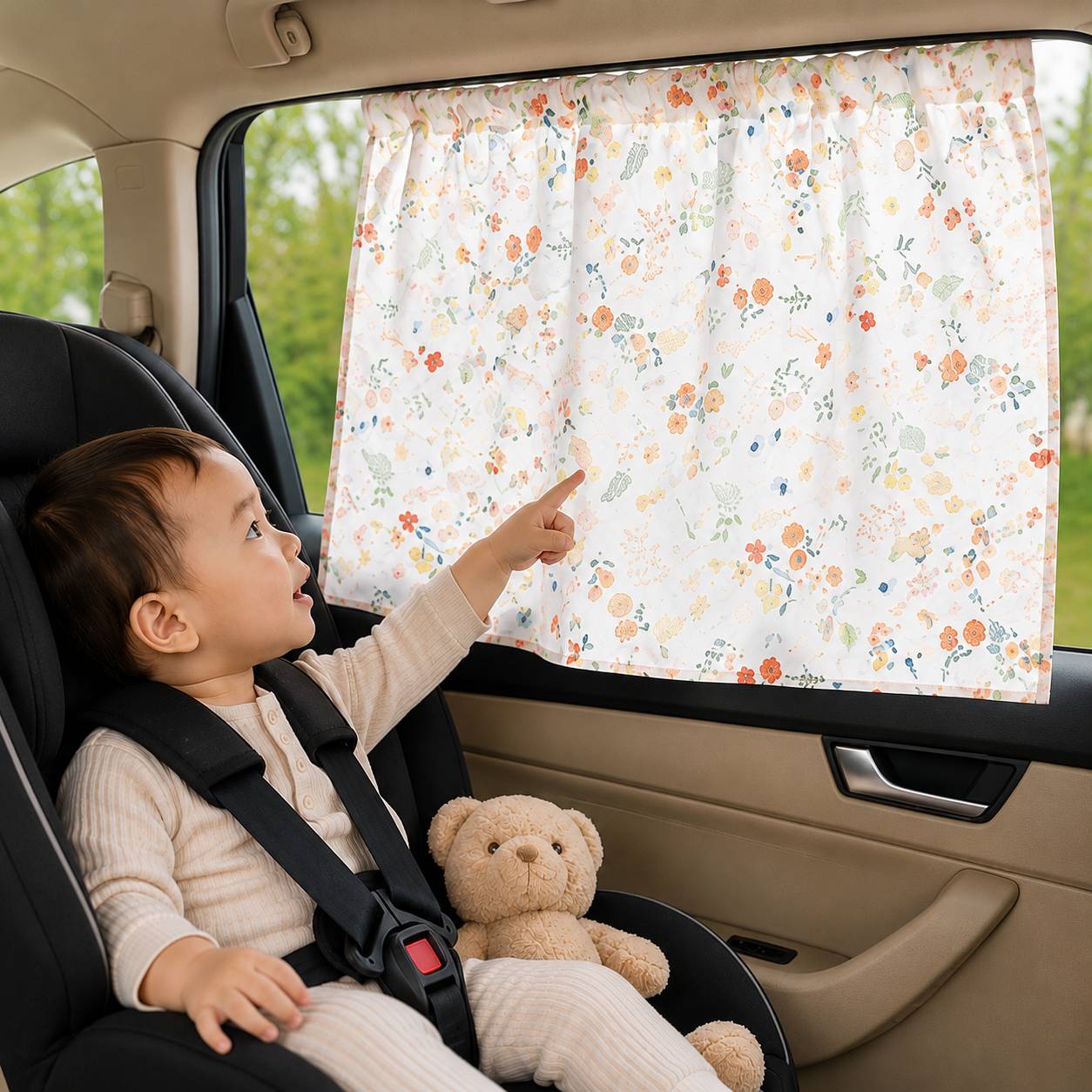Pare soleil voiture bébé rideau motif Jardin fleuri que l'enfant montre du doigt avec émerveillement