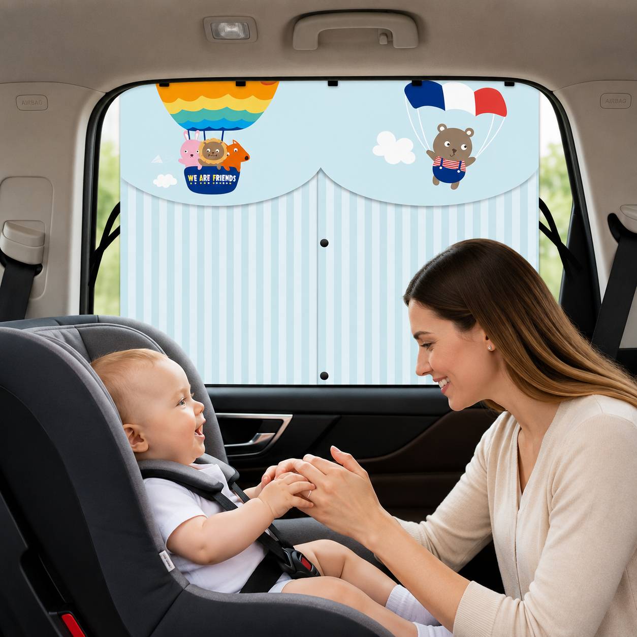 Pare soleil voiture bébé rideau variante montgolfière bleue avec animaux pour réduire l'éblouissement