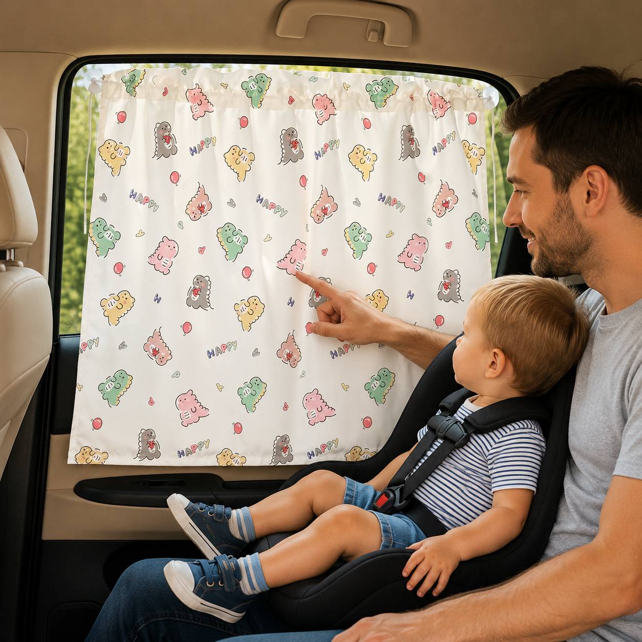 Pare soleil voiture bébé rideau avec motif dinosaures pastel pour protéger bébé du soleil en voiture