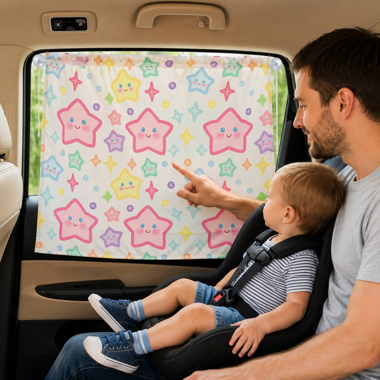Pare soleil voiture bébé rideau avec motif étoiles colorées créant un univers amusant pour bébé