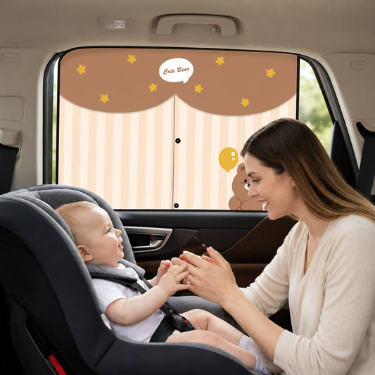 Pare soleil voiture bébé rideau variante ourson beige avec ballon offrant une protection solaire élégante pour bébé
