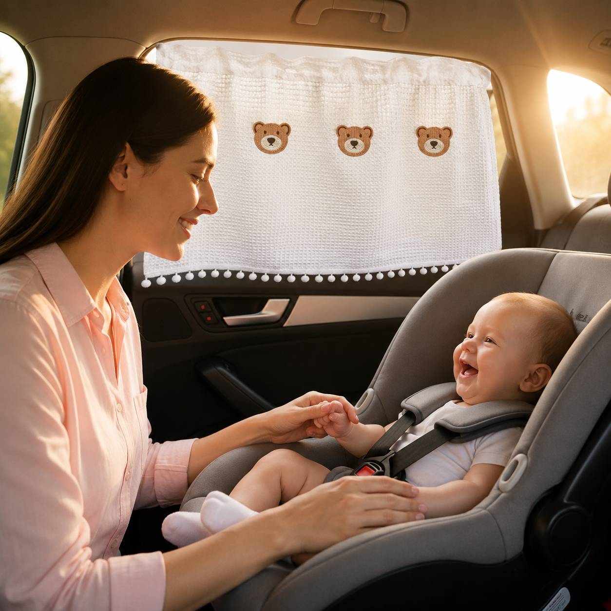 Pare soleil voiture bébé rideau motif oursons offrant ombre et confort pendant les trajets