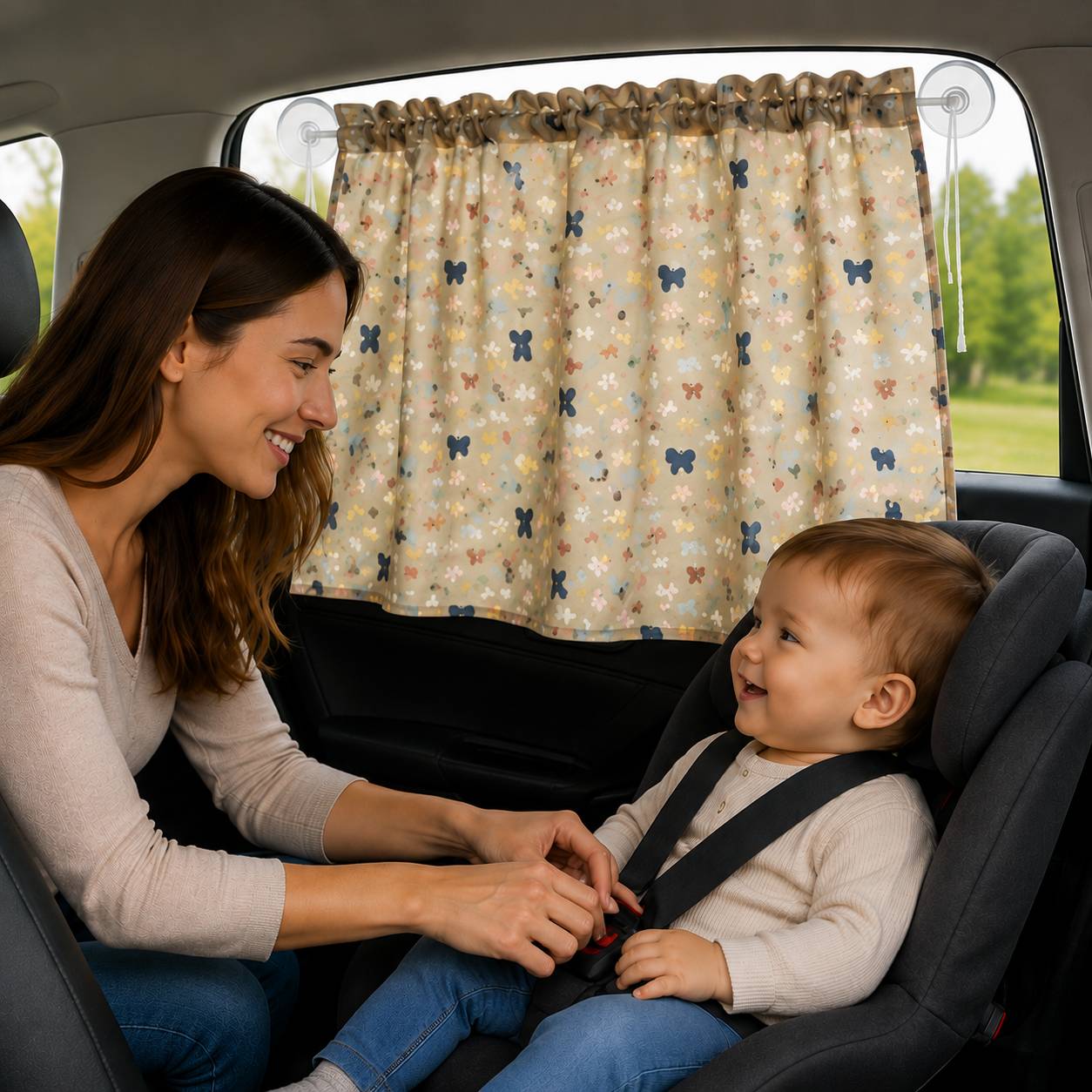 Pare soleil voiture bébé rideau avec motifs papillons colorés créant une ambiance douce et ludique pour bébé
