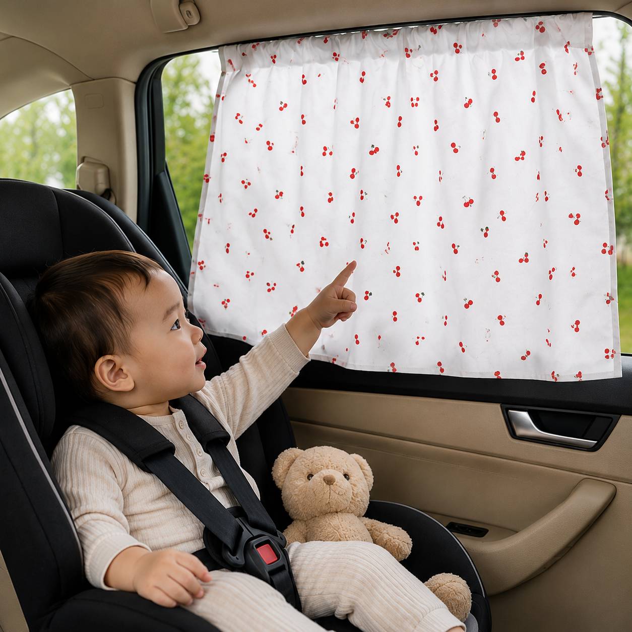 Pare soleil voiture bébé rideau motif Petits Cœurs attirant l'attention d'un enfant pendant le trajet