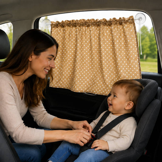 Pare soleil voiture bébé rideau beige à pois protégeant bébé des rayons du soleil pendant les déplacements