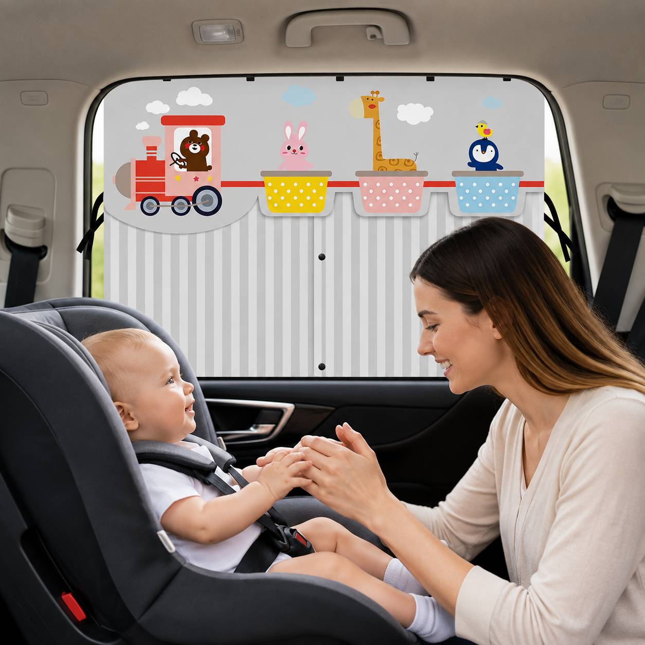 Pare soleil voiture bébé rideau variante train gris avec animaux colorés offrant confort et intimité pendant les trajets