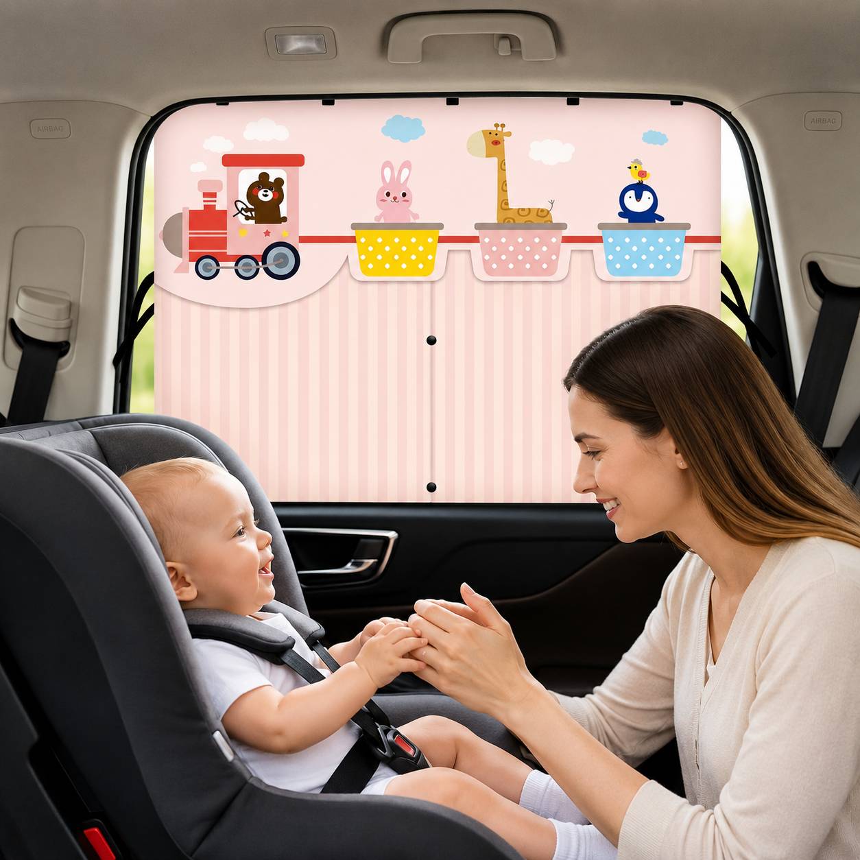 Pare soleil voiture bébé rideau variante train rose avec animaux 