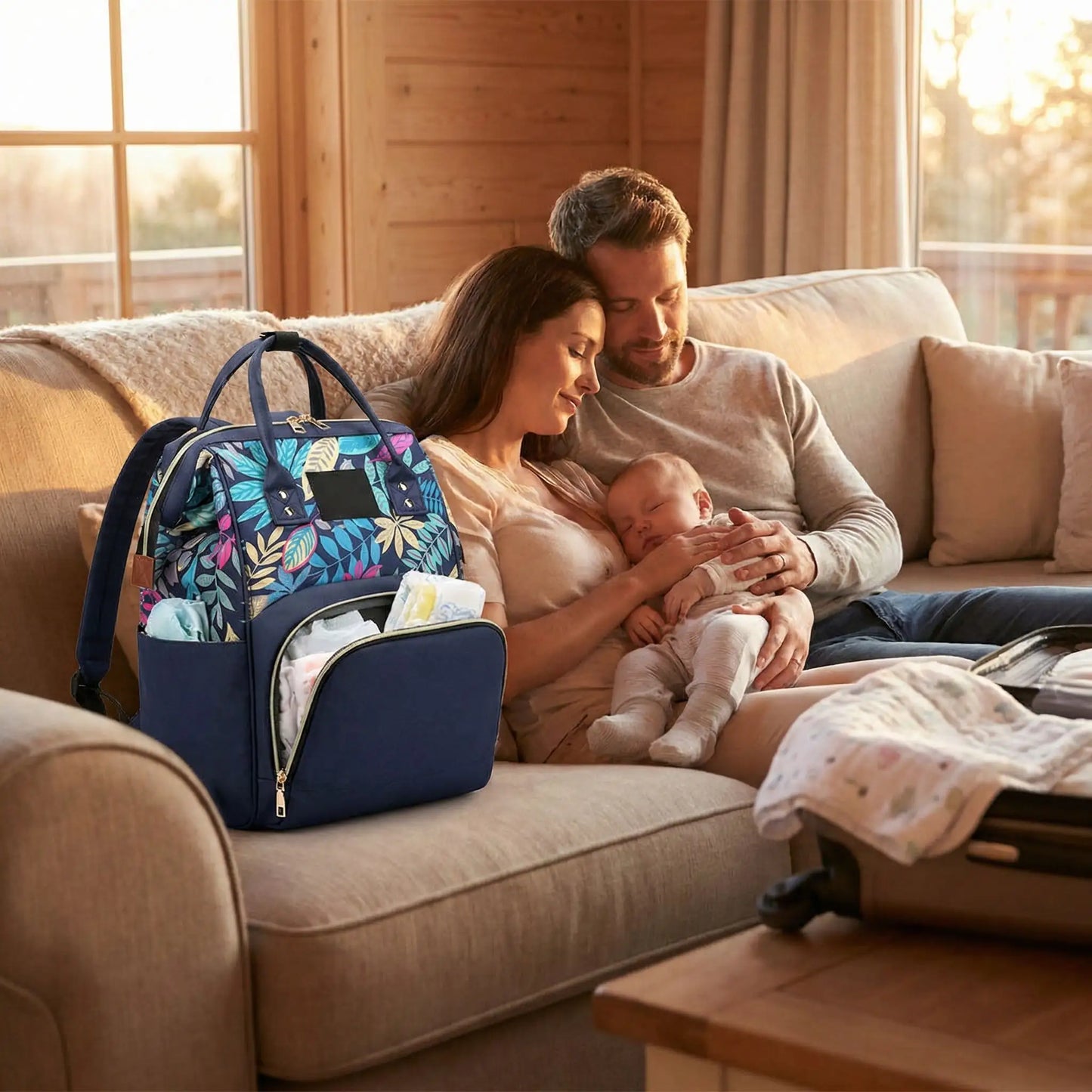 Parents se reposant au salon avec bebe et un sac a langer grande capacite pour voyage ouvert 
