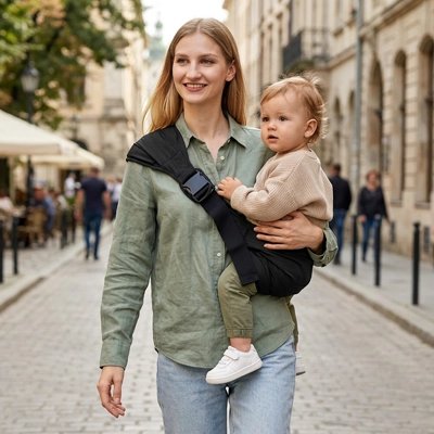 porte bebe bandouliere maman marchant avec son bebe dans une rue pietonne