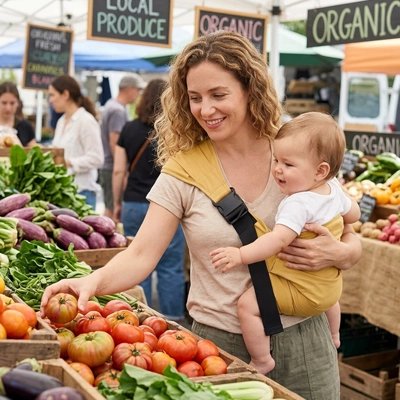 porte bebe bandouliere maman portant son bebe au marche de fruits et légumes