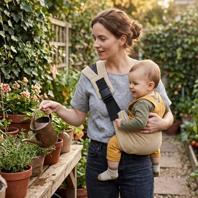porte bebe bandouliere maman portant son bebe dans un jardin