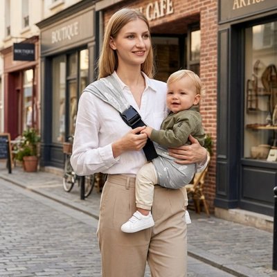 porte bebe bandouliere maman portant son bebe devant des boutiques en ville