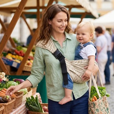 porte bebe bandouliere maman portant son bebe pendant ses courses au marche