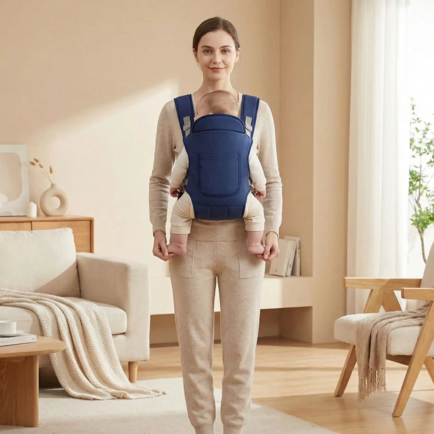 porte bebe ergonomique bleu en position m bebe maintenu naturellement dans un salon lumineux