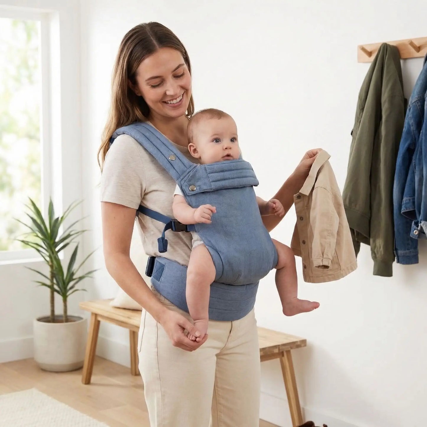 porte bebe ergonomique bleu maman   laissant la maison