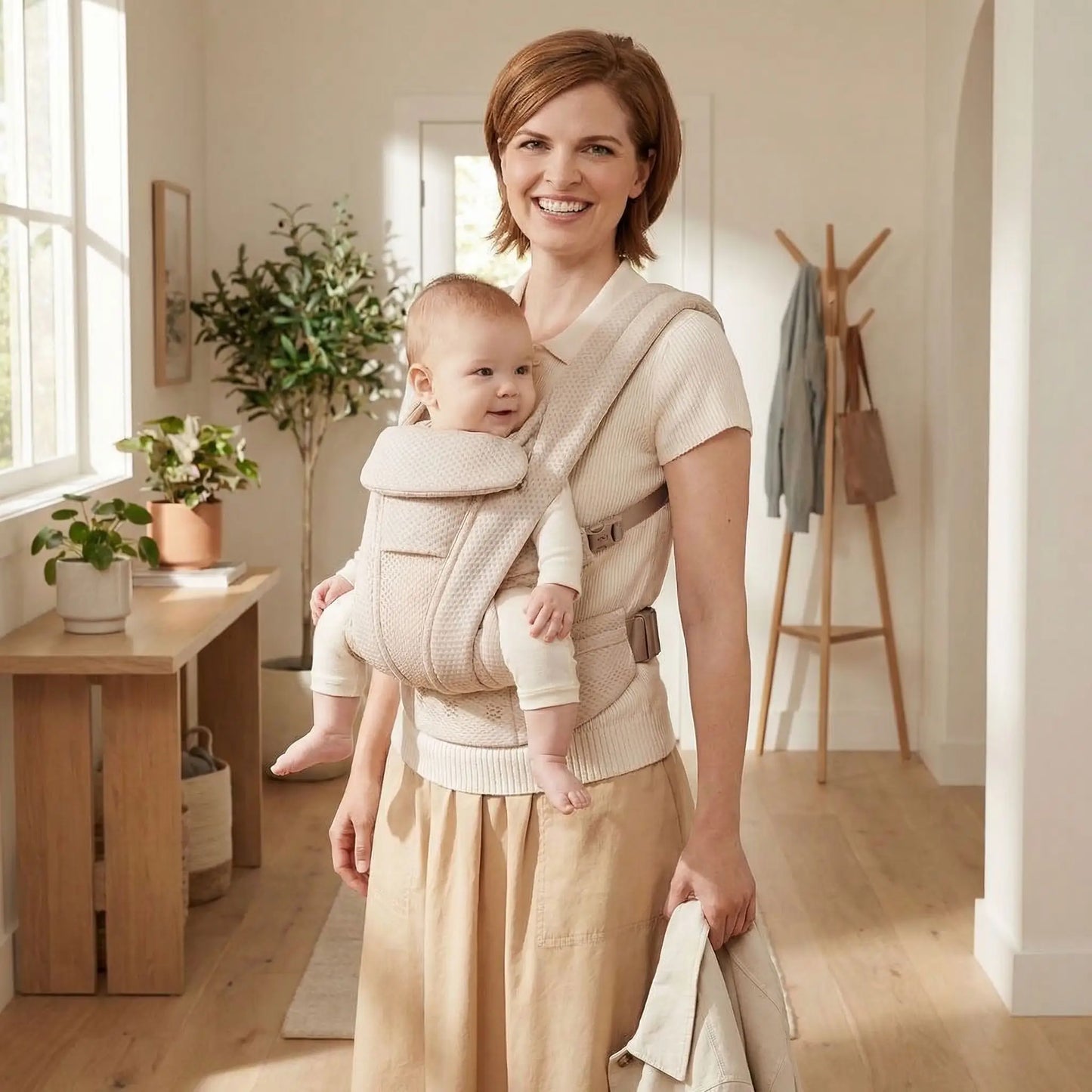 porte bebe ergonomique creme maman a la maison prete a sortir avec bebe contre elle