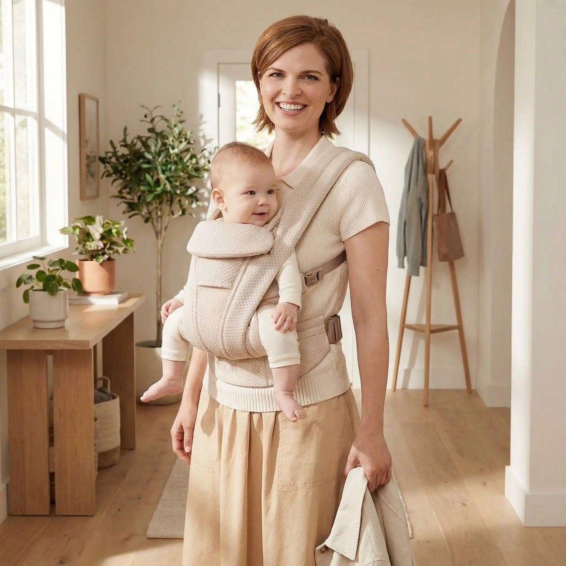 porte bebe ergonomique creme maman a la maison prete a sortir avec bebe contre elle