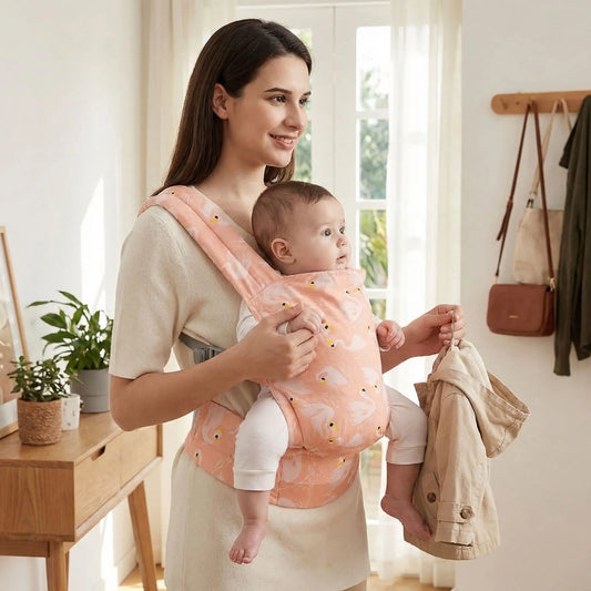 maman utilisant un porte bebe ergonomique pour porter son bebe confortablement a la maison