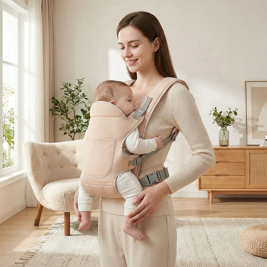 porte bebe ergonomique  rose en position m bebe maintenu naturellement dans un salon lumineux