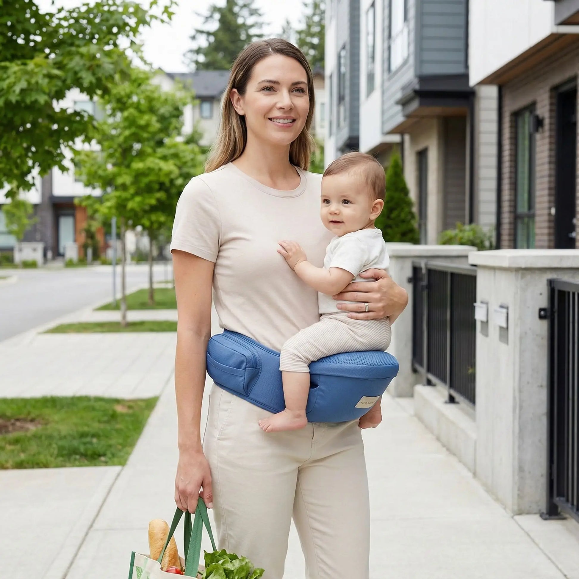 porte bebe hanche bleu porte par une maman lors dune marche en ville