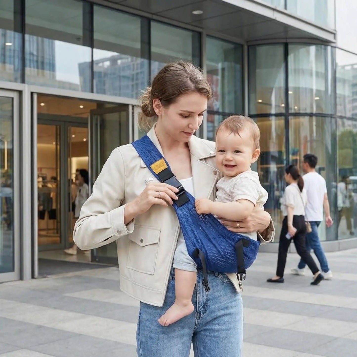 porte bebe hanche bleu reglable maman ajustant la sangle du porte bebe en ville